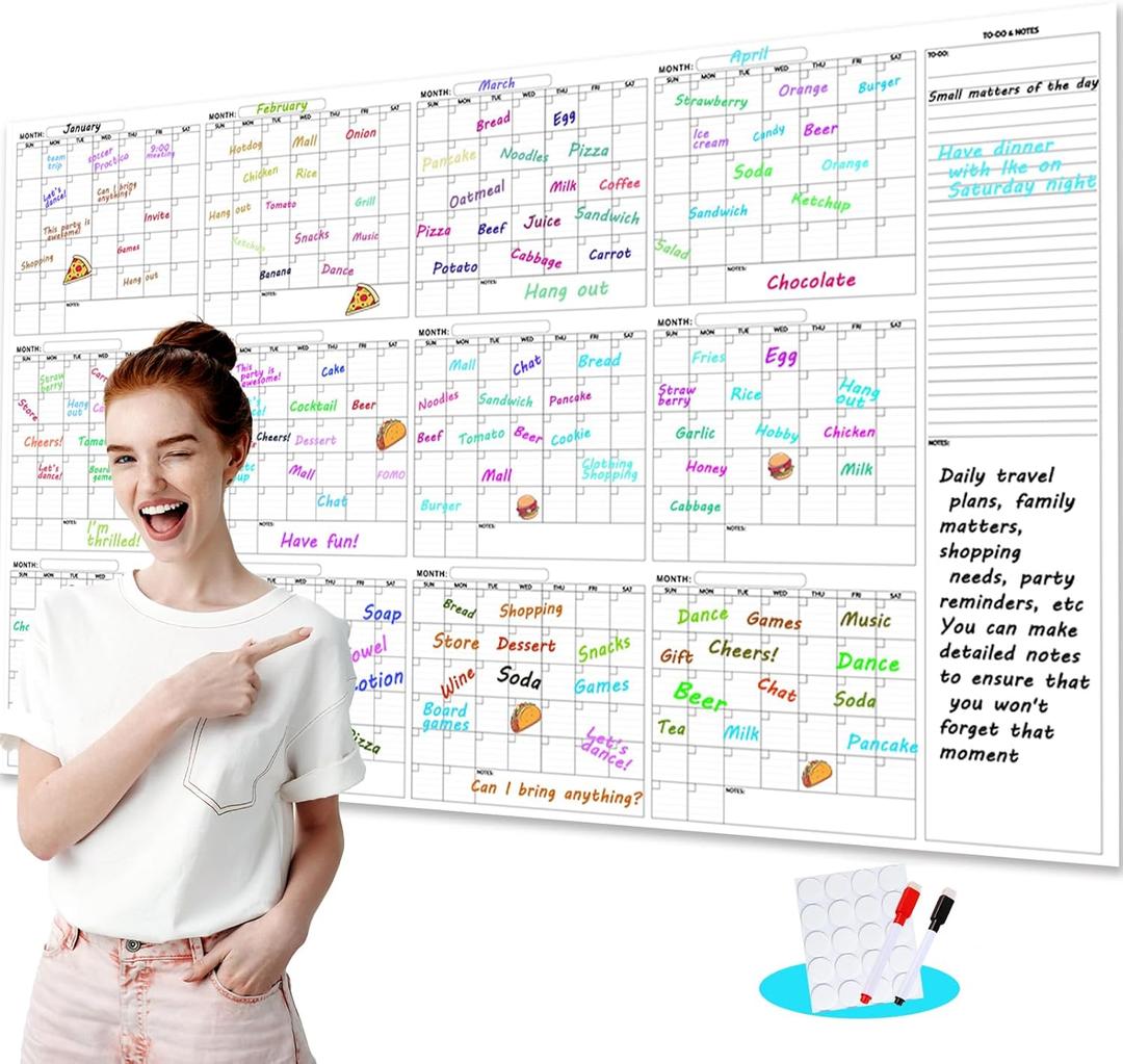Large Dry Erase Calendar for Wall - 12-Month Undated Wall Calendar Dry Erase, 34" x 60", Reusable Yearly Calendar with Two Markers, Great Layout Dry Erase Wall Calendar for Home School or Office (Black)