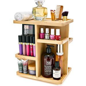 Sorbus 360 Makeup Organizer - Bamboo Wood Make Up Storage Carousel for Cosmetics, Skin Care Rotating Makeup Organizer for Vanity, Bathroom Storage (Tan)