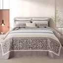 Bedduvit 100% Cotton 120"x120" Oversized King Bedspread - Farmhouse Oversized Quilt King Size, 3 Pieces Striped Botanical Pattern Lightweight Bedspreads Coverlet Set, All Seasons, Brown/Gray/Beige