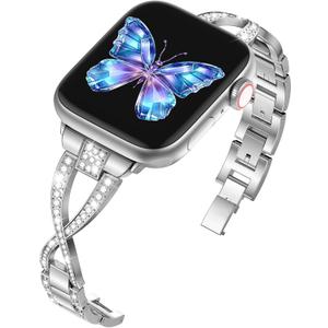 Odbeai Stylish Diamond Metal Band Compatible with Apple Watch Bands for Women 40mm 38mm 41mm 42mm 44mm 45mm 46mm 49mm,Cute Dressy X-Shaped Silver Bracelet for iWatch Bands Series SE 11 10 9-1 Ultra