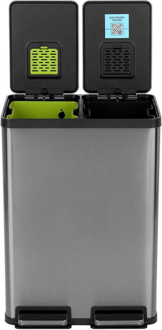 SIMPLI-MAGIC 16 Gallon (60L) Elegant Black Step Trash Can  Dual Compartment Kitchen Garbage Can with Waste & Recycling Bins  Slow-Close Lid, Odor Control, Hands-Free, Premium Stainless Steel
