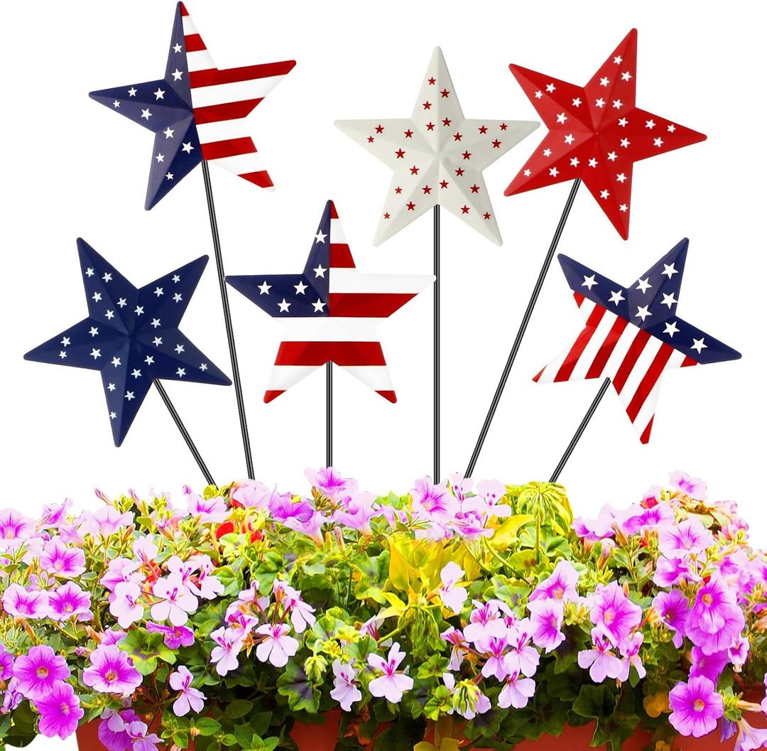 Pickmesh 6 Pcs 12" H 4th of July Outdoor Decor Patriotic Metal Yard Sign Star Red White Blue Garden Stake USA Flag American Yard Sign for Memorial Day Independence Day Decoration
