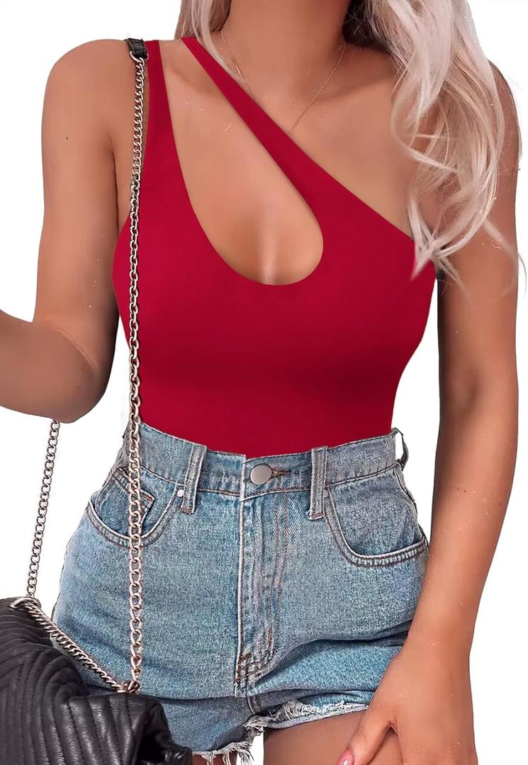 SAUNGKUAI Women's Sexy One Shoulder Sleeveless Cutout Thong Bodysuit Tank Top Body Suits V Backless Tummy Control Shapewear (Large, Red)