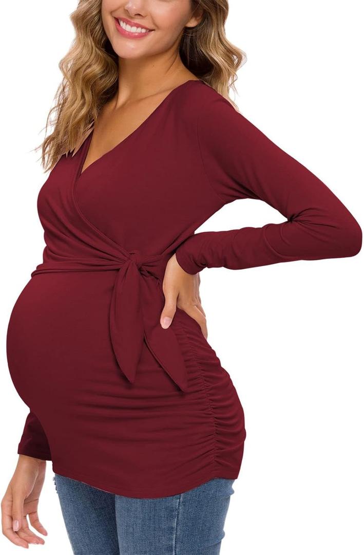 Love2Mi Maternity Shirts Long Sleeve Wrap Tie Front Side Ruched Maternity Tee Top Pregnancy Clothes Wine Red (XL)