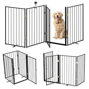 Metal Freestanding Dog Gate Outdoor4 Panels with Door, Extra Wide Foldable Pet Fence with Pet Monitor Adapter, 32'' Height Tall Dog Gate for Doorways, Stairs, Hallways, Yard, Indoor