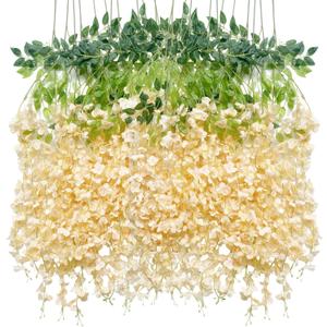 Artificial Flowers Hanging Flowers, Fake Wisteria Flower Garland Silk Vines Rattan String Decor for Home Wedding Arch Wall Garden Greenery Bedroom Outdoor Office Party Decoration (36, Champagne)