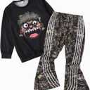 Toddler Baby Boy Clothes Cartoon Face Print Colour Blocking Sweatshirt + Sweatpants Outfits Set (7-8 Year)