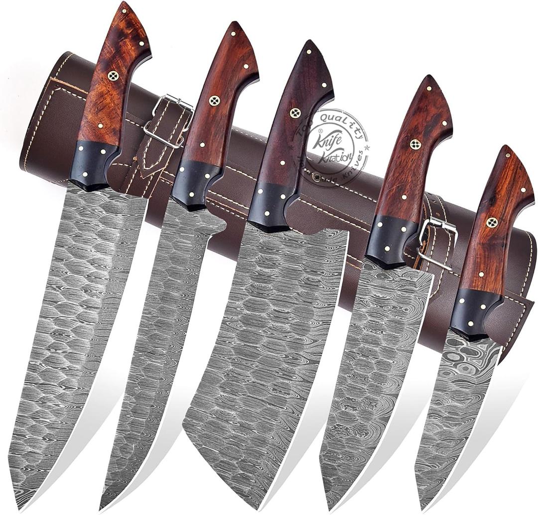 Damascus Steel Professional Kitchen Knife Set of 5 Pcs With sheath, Chef knife set, Utility Chef Knife Set, Kitchen Gadgets, Kitchen Gifts, Viking Kitchen Knife For Men, Mothers day gifts (Wood)