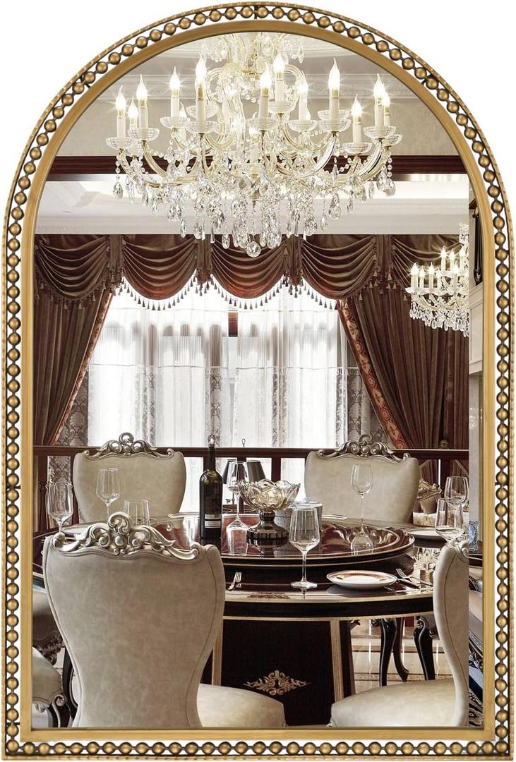 24" x 36" Arch Wall Mirror, Antique Gold Metal Beaded Frame Bathroom Mirror, Vintage Classic Distressed Hanging Mirror for Vanity Mantel Entryway Living Room