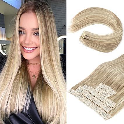 REECHO Clip in Hair Extensions, Hair Extensions Thick Long Lace Weft Lightweight Synthetic Hairpieces for Women 24 Inch240 Gram(Pack of 5), Ash Blonde with Highlights