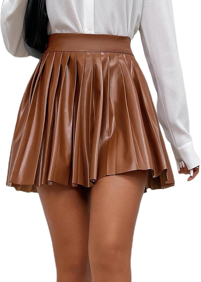 Floerns Women's PU Leather High Waisted Pleated Skirt Faux Leather Party Skater Mini Skirt (Brown, S)