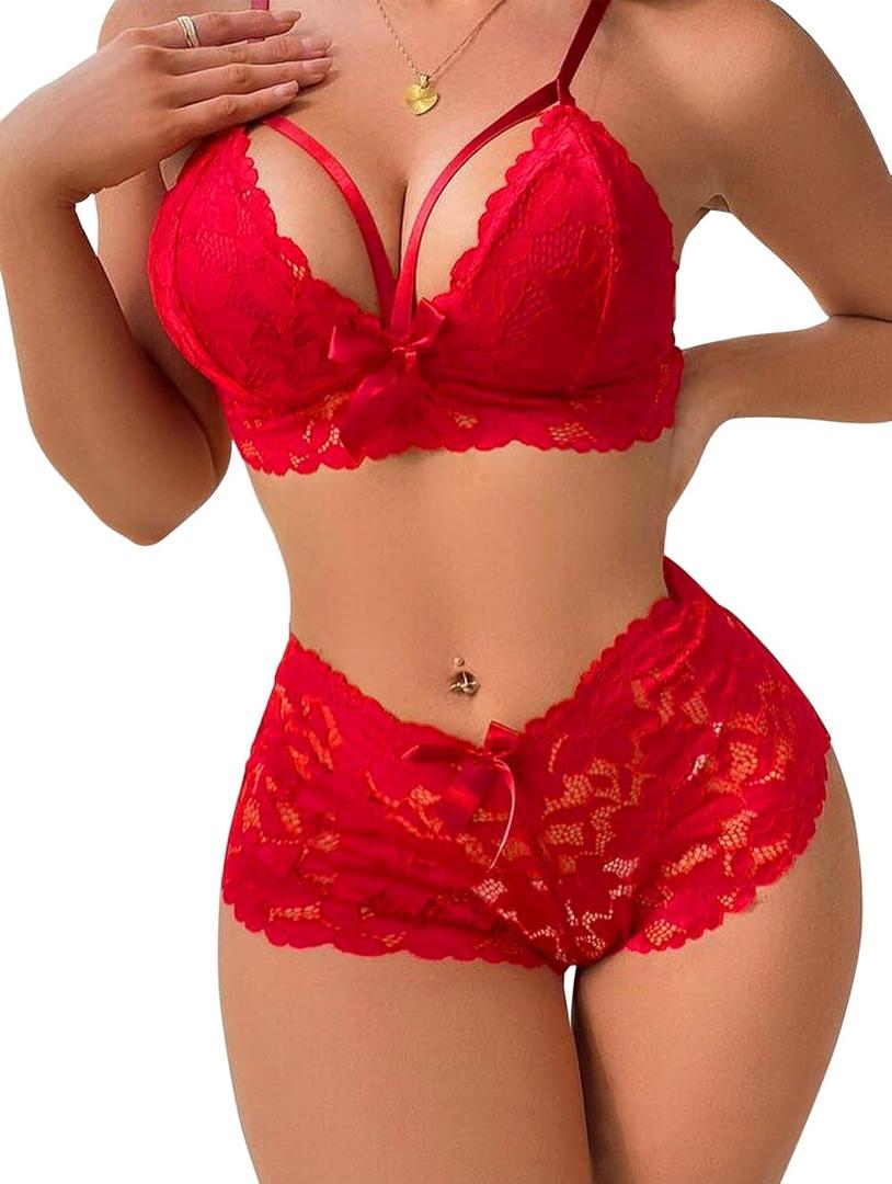 Lilosy Sexy Strappy High Waist Floral Lace Pajamas Lingerie Set Outfits (Medium, Bright Red)