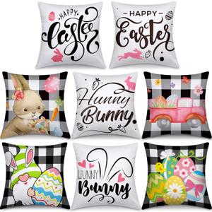 Mixweer Set of 8 Easter Pillow Covers 18 x 18 Inch Easter Decorations Bunny Eggs Buffalo Plaid Truck Throw Pillow Covers Decorations Case for Sofa Couch Home