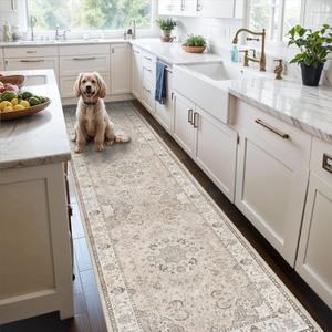 Hallway Washable Runner Rug - 2'6x12 Kitchen Rugs Entryway Rug Runner Vintage Soft Floor Mat Non Slip Indoor Farmhouse Carpet for Bathroom Living Room Bedroom (2'6''x12', Beige)