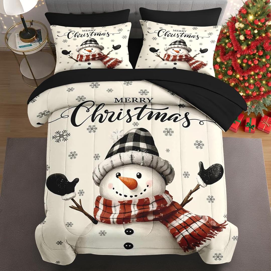 7 Pcs King Size Christmas Comforter Set with 2 Pillowcases & 2 Shams, Beige Happy Snowman Bedding for Kids and Adults, Black Snowflake Bed in a Bag with Flat Fitted Sheet (Cute Snowman 1)