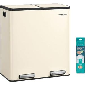 SONGMICS Trash Can, 2 x 8 Gallon (2 x 30 L) Double Compartment Garbage Can for Recycling, Stainless Steel, with 15 Liner Bags, Soft-Close Lids, Removable Buckets, Pedals, Almond ULTB160AZ01