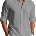 Men's Cotton Linen Shirts Long Sleeve Button Down Shirt Band Collar Beach Summer Casual Shirts Large