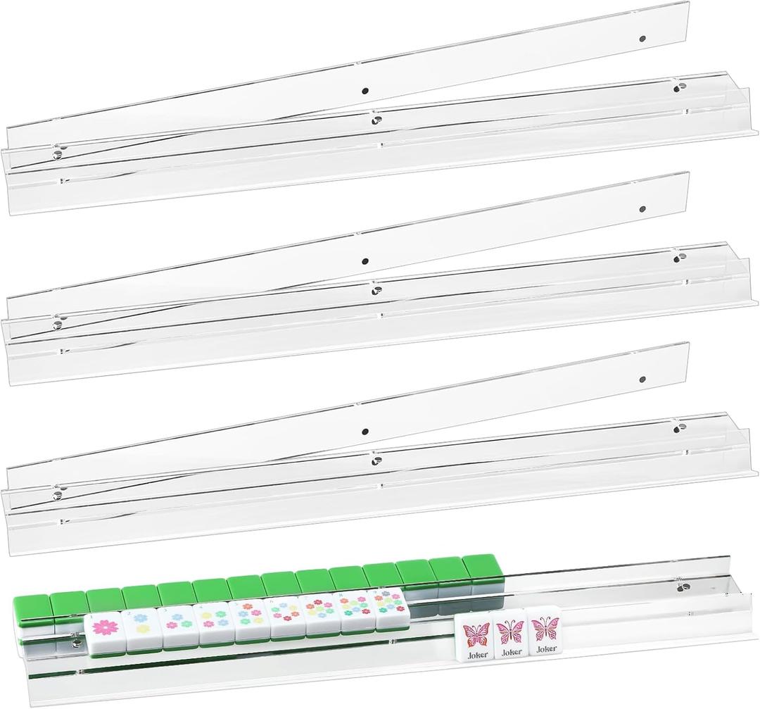DoubleFill 4 Pack Mahjong Tile Rack & Pusher Set, Acrylic All-in-one Holders, Magnetic Mahjong Racks for Organizing Tiles, Easy to Use for Home Game Nights(Flat Edge,Clear)