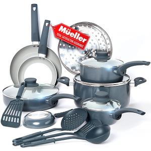 Mueller 16-Piece Nonstick Stone Cookware Set - PFOS/PFOA-Free, Stainless Steamer and Fry Pan, Vented Lids - Light Grey