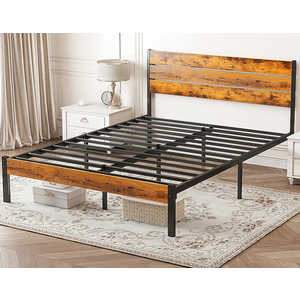 Sweetcrispy Queen Black Metal Bed Frame with Wooden Headboard