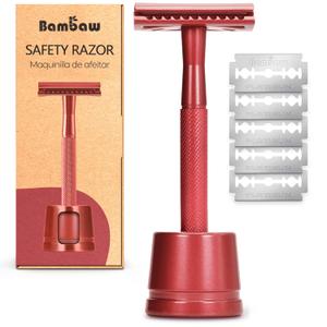 Bambaw Double Edge Safety Razor with Stand, Safety Shaving Razor with 5 Double Edge Safety Razor Blades, Eco-Friendly Razor for Shaving  Red