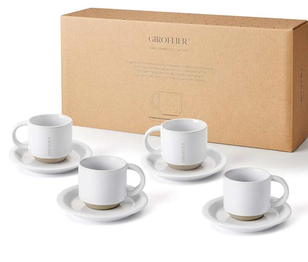 Oak Espresso Cups Set of 4, 3 oz Demitasse Cups, Modern Style, Microwave & Dishwasher Safe (Snow