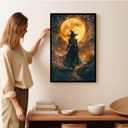 XWNLTEPK Halloween Night Witch and Full Moon Art Print Canvas Poster Suitable for Wall Decoration Home Seasonal Decor Spooky Atmosphere Theme Living Room Bedroom Party Wall Art Gothic Design Element (8x12in Black Framed, A01)