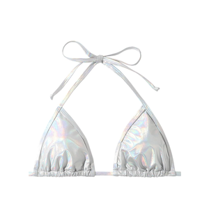 Women's Gold Bikini Top Halter Metallic Crop Top Triangle Rave Bra Swimsuit Top Medium, Unicorn Silver 
