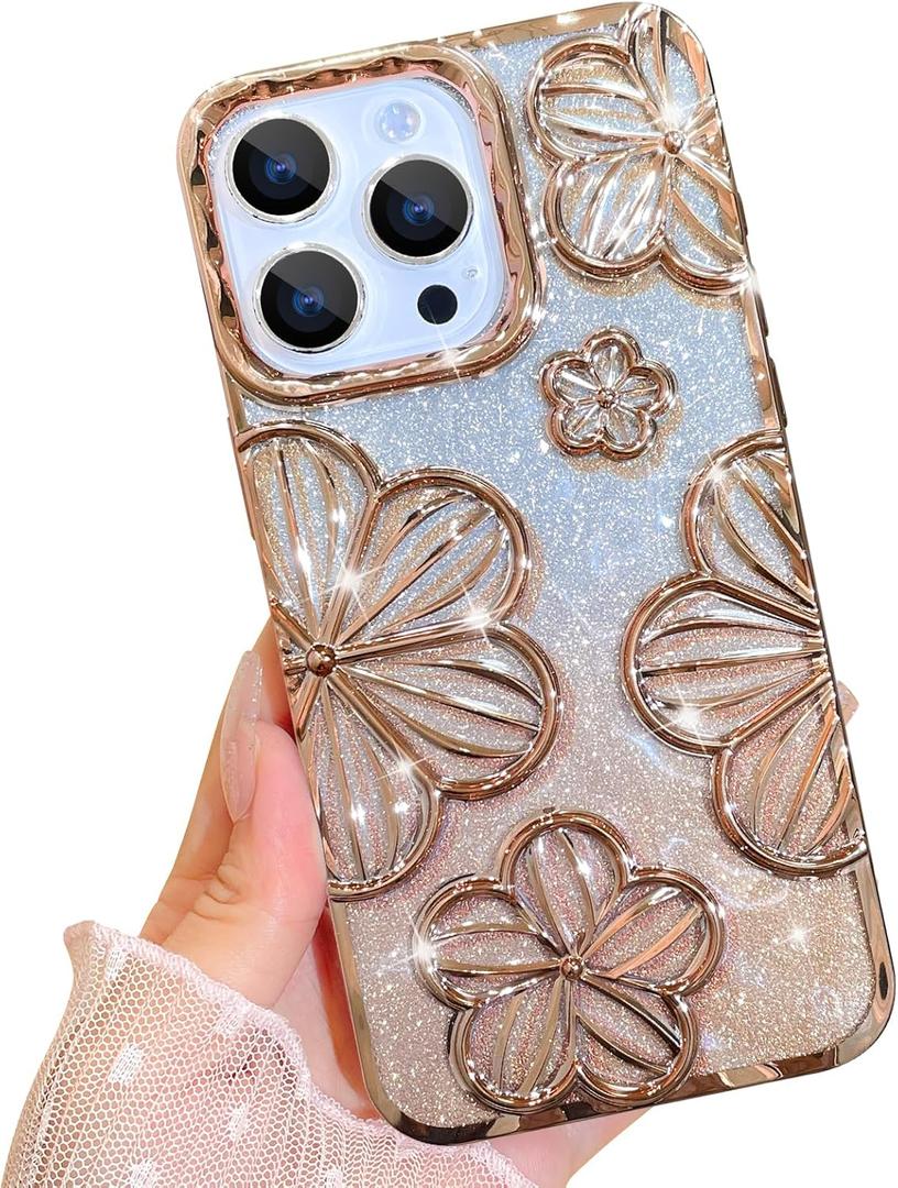 KANGHAR Compatible with iPhone 15 Pro Max Case Glitter Bling Luxury Plating Gradient Flowers Designed for Women Girls, Slim Fit Soft TPU Shockproof Protective Cover - Gold Floral