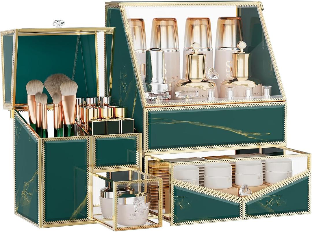 Glass Makeup Organizer for Vanity and Bathroom Countertop  Large Cosmetic Display Case and Skincare Storage Solution (Green)