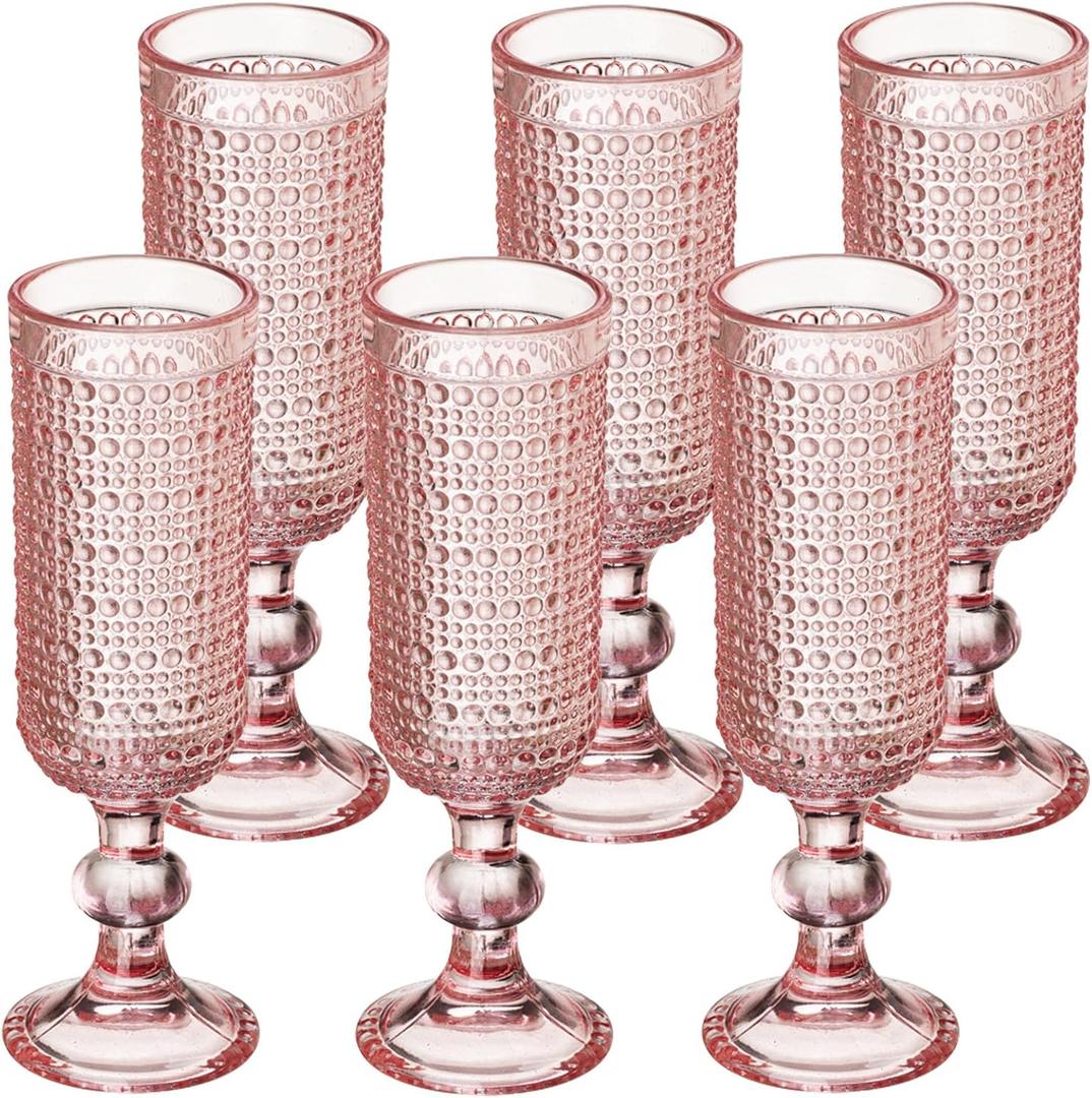 XKXKKE 6 Pcs 5 Ounces Glass Champagne Flutes, Vintage Hobnail Beaded Embossed Colored Glass Sparkling Wine Glasses for Champagne, Cava, Prosecco, Party, Wedding, Bar Fancy Glasses Set of 6 Pink