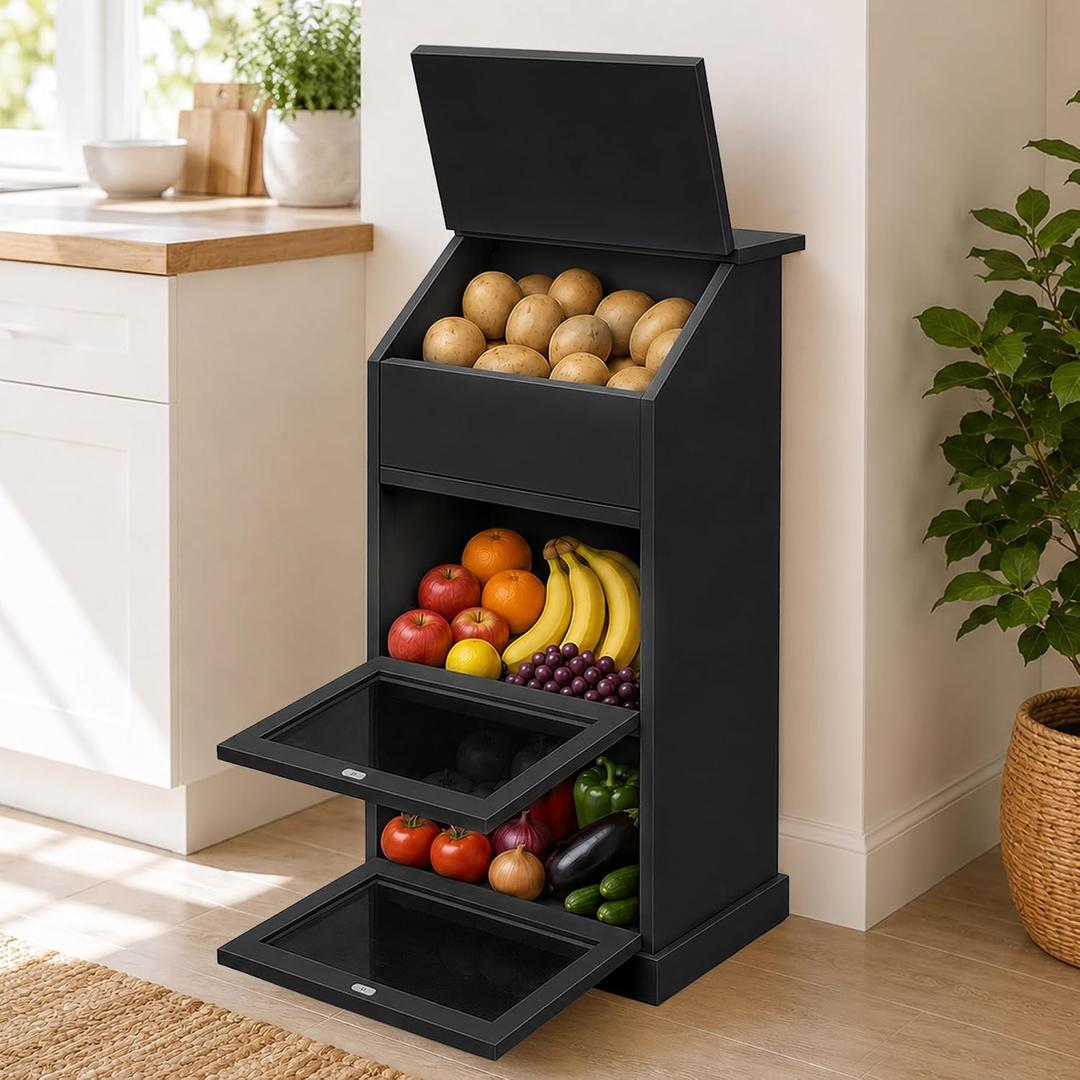 Potato Storage Bin, 3-Tier Potato and Onion Storage Bin with Lid, Wooden Bread Box for Fruit and Vegetable,Food Storage Containers for Kitchen Pantry (Black)