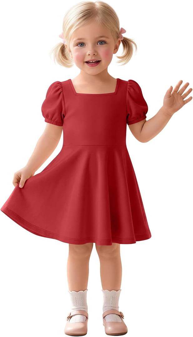 Toddler Girl's Summer Dress Baby Puff Sleeves Square Neck Knit Sundress A-Line Flowy Twirly Casual Midi Dress