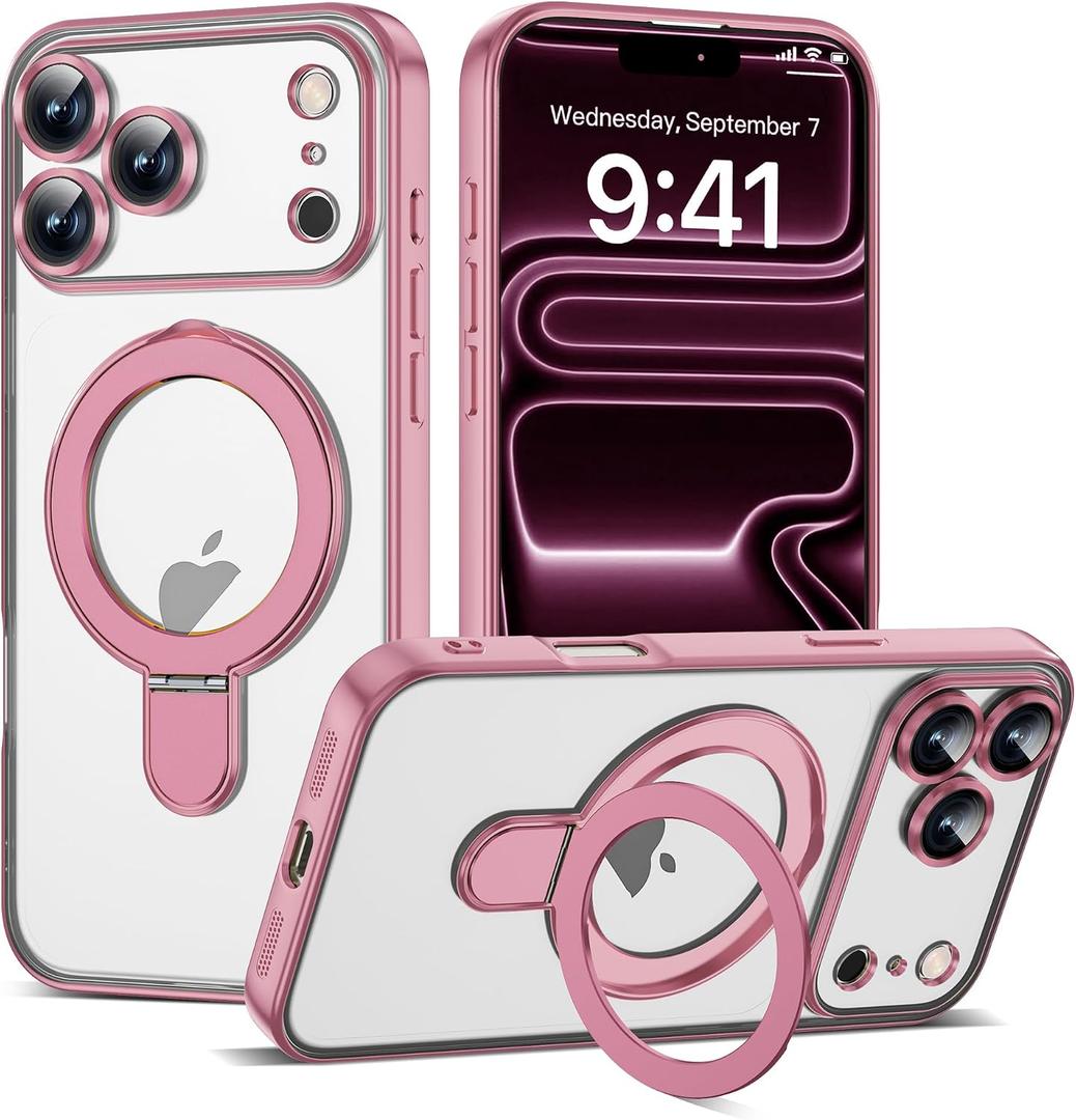 Compatible with iPhone 17 Pro Case with Invisible Magnetic Ring Stand [Compatible with Mag-Safe] [Full Camera Lens Protector] Plating Clear Phone Case for iPhone 17 Pro 6.3", Pink