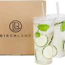 All Glass Iced Coffee Cup with Lid and Straw, Ribbed Glass Tumbler Set of 2 (18 oz)