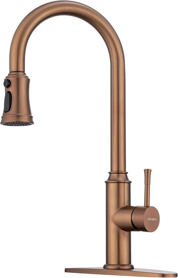 Rose Gold Kitchen Faucet with Pull Down Sprayer,Stainless Steel Gold Kitchen Faucet with Sprayer,High Arc Gold Faucets with Deck Plate for 1 Hole & 3 Holes Kitchen Sink