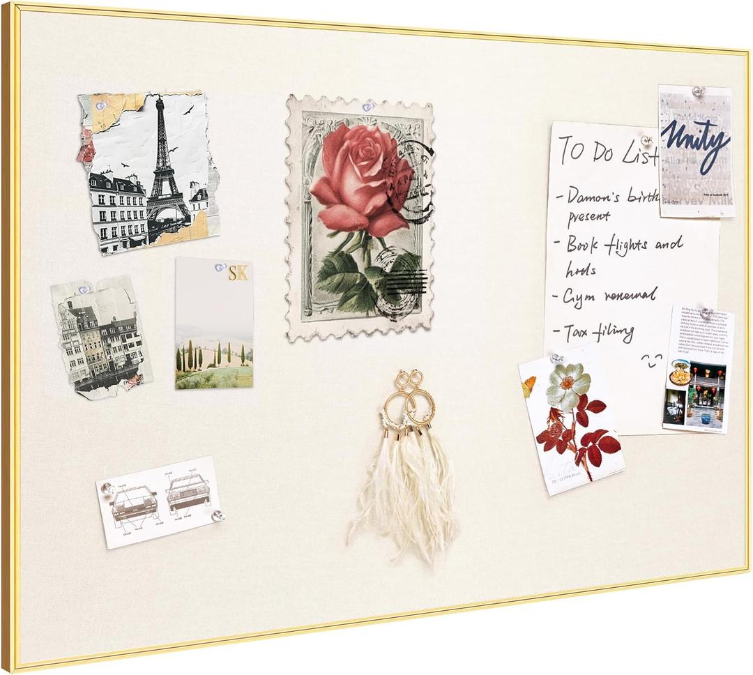 Bulletin Board 16 x 12 inches, Oatmeal White Pin Board, Golden Aluminum Framed Fabric Cork Board with 10 Push Pins