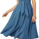 Linen Front Tie Button Down Shirt Dress Summer Short Sleeve Collar Work Dress Midi A Line Pockets Casual Dress Blue 2XL