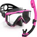 Greatever Snorkel Set Pano 3 Window Snorkel Mask Adult, Panoramic Wide View, Anti-Fog Scuba Diving Mask, Anti-Leak Snorkel Goggles Dry Top Snorkel, Professional Snorkeling Gear for Adults (Black Pink)