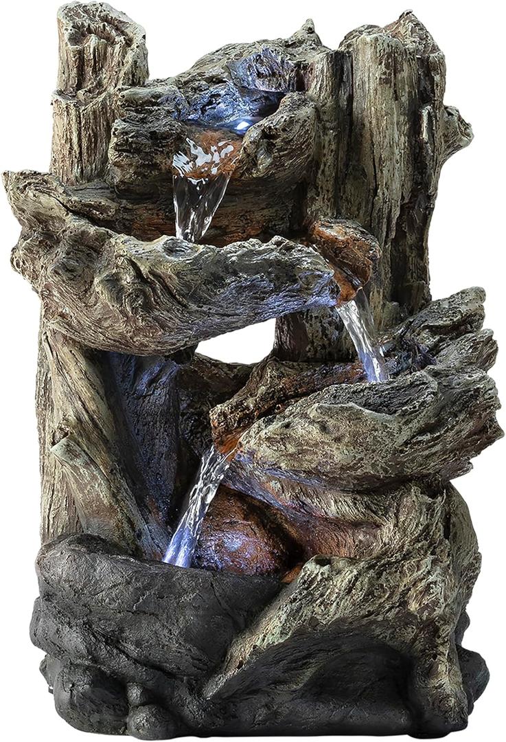 Alpine Corporation | 14"H Indoor Tiered Log Tabletop Fountain with LED Lights Cascading Waterfall Design Creates Relaxing Ambiance for Home & Office Dcor