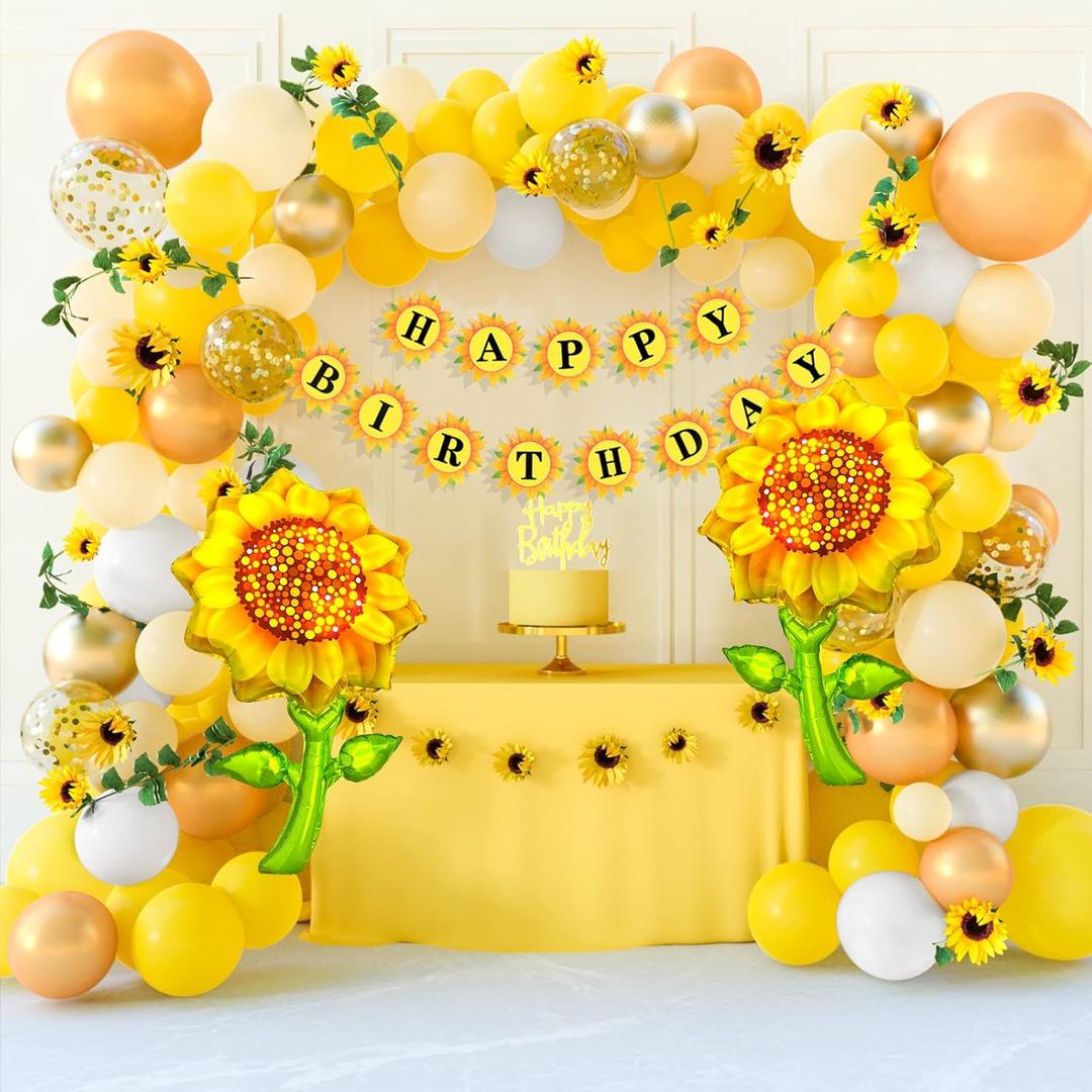 TUPARKA Sunflower Birthday Party Decorations Kit Sunflower Banner Yellow Balloon Arch Sunflower Vine Sunflower Heads Table Covers Cake Toppers 146 Pack Sunflower Party Supplies for Baby Shower Dcor