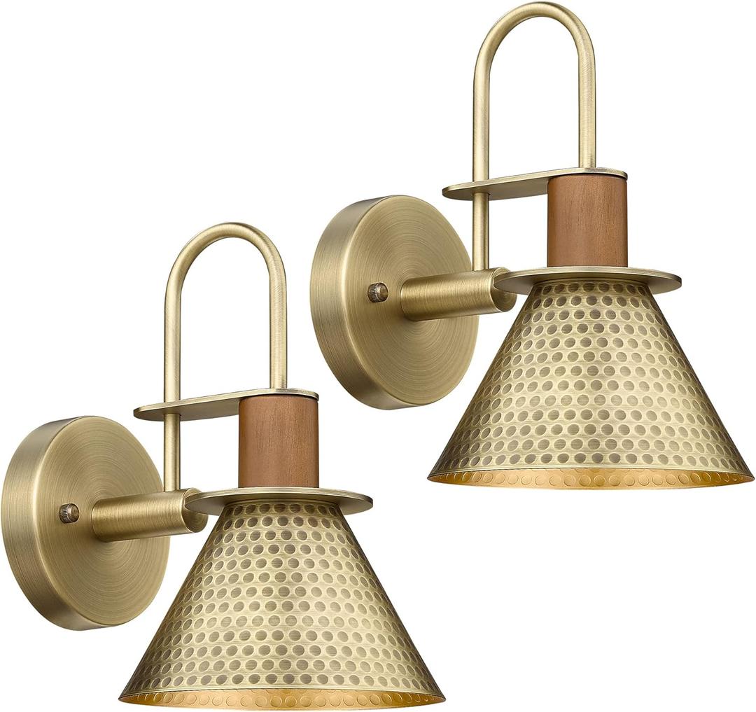 Brass Wall Sconces Set of Two, HWH Industrial Wall Light Fixtures Gold Barn Light, Single Wall Lamp for Bedroom Bedside Bathroom Kitchen, Hammered Metal Shade, Antique Brass, 5HZG74B-2 BG (Medium)