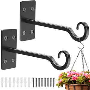 Heavy Duty Plant Hangers Outdoor- Hand-Forged Hanging Plant Brackets - 2 Pack 12 Inch Black Wrought Iron Wall Plant Hooks for Hanging Plants, Lanterns, Bird Feeders