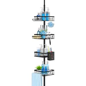 Corner Shower Caddy Tension Pole,Rustproof Shower Caddy Corner for Bathroom,Floor Standing Shower Organizer Corner with 4 Adjustable Tier Shelves for Bathtub Shampoo Storage,34 to 101 Inch (Black)