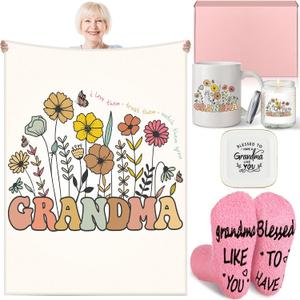 2 x Reallnaive 6 Pcs Grandma Gifts for Birthday, Floral Grandma Gifts from Grandkids, Grandmother Basket with 60 x 50 in Cozy Blanket, Pastel Mug, Scented Candle, Jewelry Tray & Fuzzy Socks