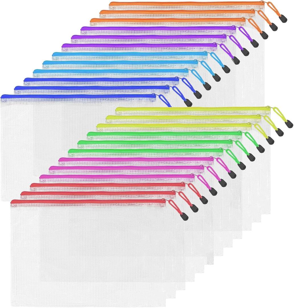 24pcs A4 Mesh Zipper Pouch Bags, Mesh Bags with Zipper Bulk, Pouches for Organization, Clear Storage Bags for Classroom, Travel, Office