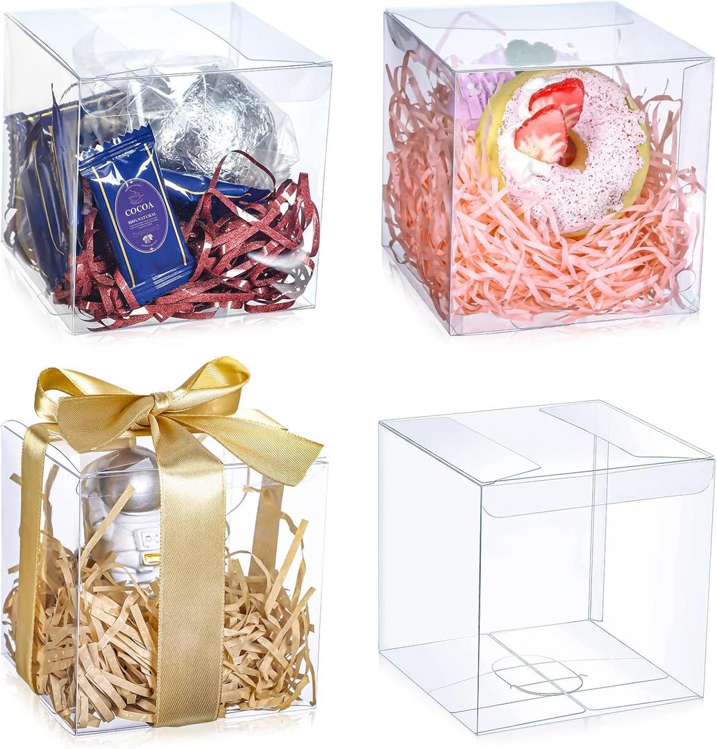 100 Pcs Clear Favor Boxes Plastic Clear Gift Boxes 4 x 4 x 4 Inch Candy Transparent PVC Gift Package for Teacher Students Back to School Wedding Bridal Baby Shower Party Cupcake Macaron Candy Cookie