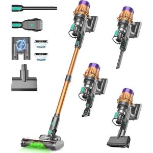 Cordless Vacuum Cleaner 650W 55KPA 70 Mins, Vacuum Cleaners for Home, Rechargeable Stick Wireless Vacuum Green Light Anti-Tangle Sofa Brush 3 HEPA Lightweight for Pet Hair/Carpet/Hardwood Floor, Gold | cordless stick, handheld, lightweight, rechargeable, anti allergy, anti tangle