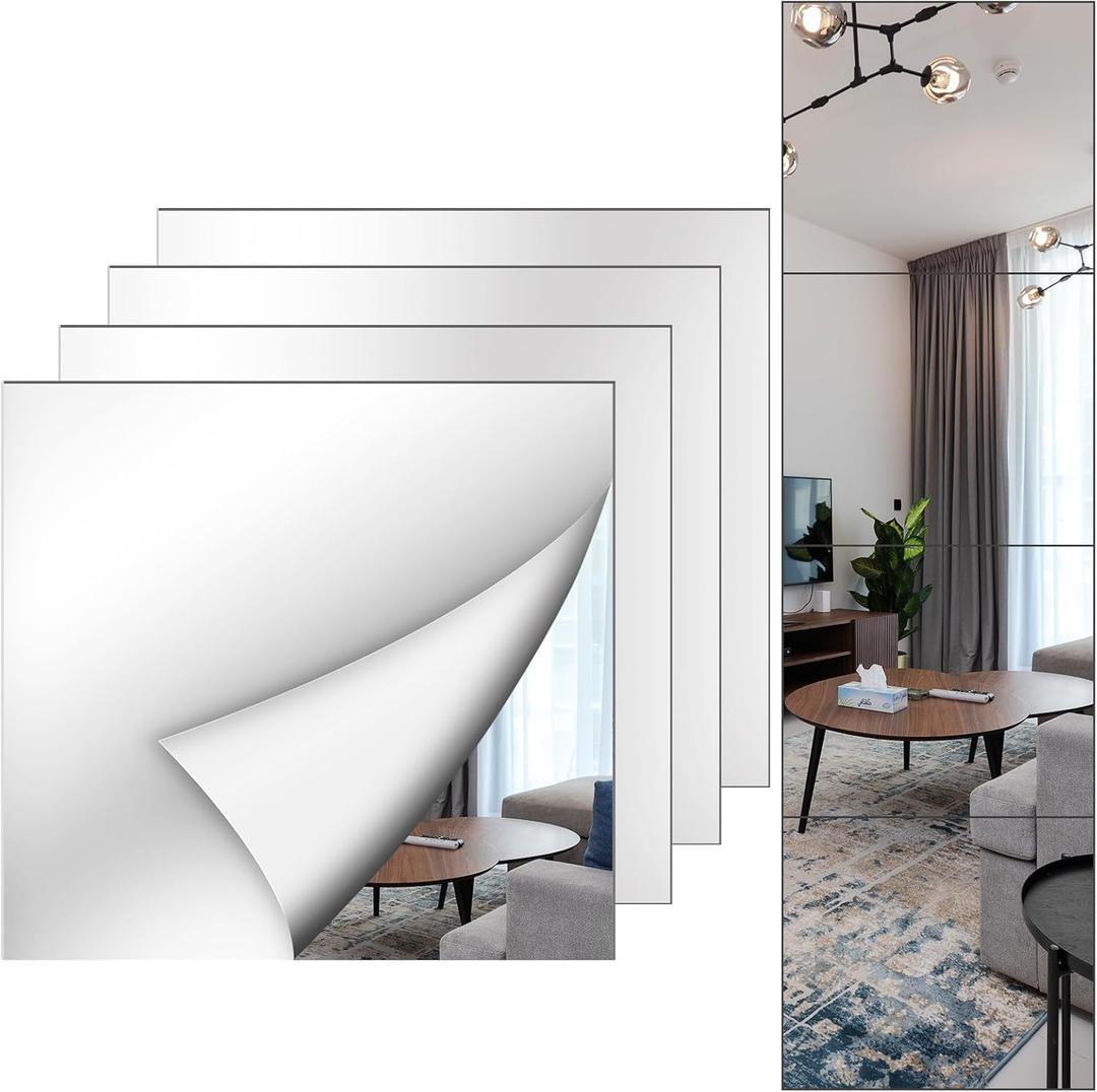 Mirror Wall Full Length, 12X14 Inch Unbreakable Mirror Tiles for Bedroom Home Gym Door, Acrylic Mirror Full Body Shatterproof Mirror Stickers for Walls, Mirror Sheets (4pcs)