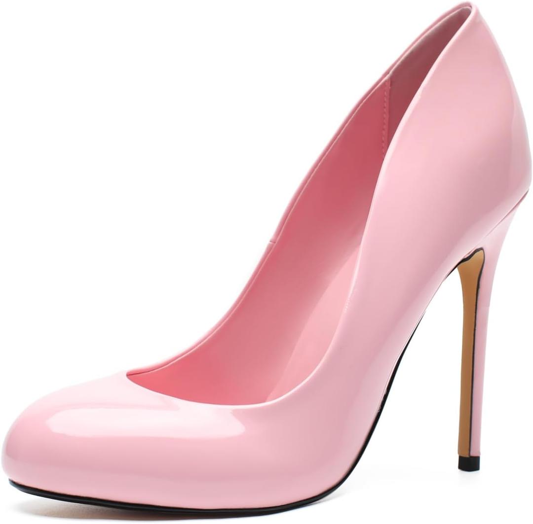 Unisex Men's Women's Round Toe High Heels Stiletto Pumps Patent Leather Heels Dress Party Shoes (14 Women/12.5 Men, Light Pink)